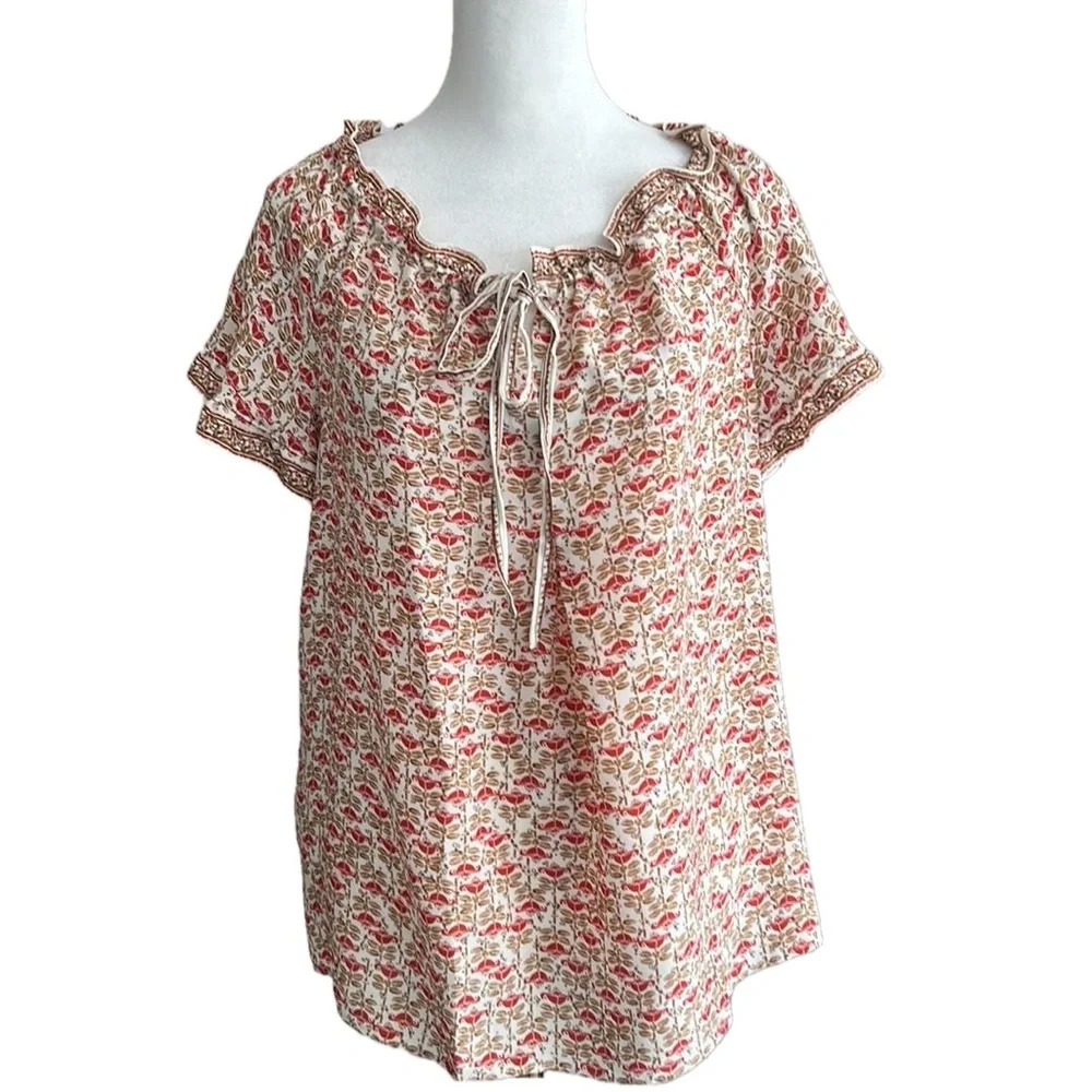 New! Max Studio Boho Floral Patterned Tie Neck Ruffle Cap Sleeve Blouse Medium - Picture 2 of 8